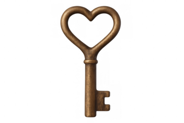 Close-up of an old metallic key with heart shaped handle, isolated on transparent background, perfect for valentine's day projects