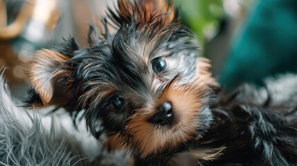 Naklejka premium Cute Yorkshire Terrier puppy with wet fur looking curiously at the camera, lying on a soft surface indoors.