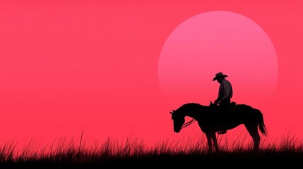 Naklejka premium A lone cowboy on horseback silhouettes against a vibrant pink sunset, evoking tranquility and the spirit of the wild west.