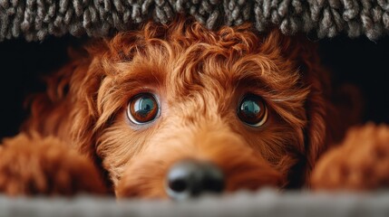 A cute brown dog with curly fur peeks out from under a blanket, looking up with wide, expressive eyes.