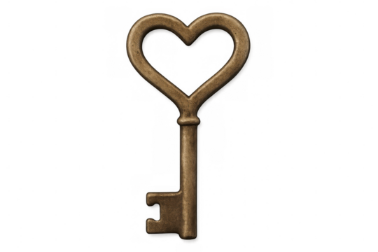 Antique key with heart shaped handle isolated on transparent background, representing love, secrets, and security