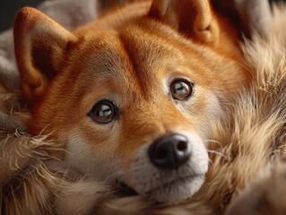 Obraz premium A Shiba Inu dog lies cozily in a blanket, gazing up with expressive, soulful eyes.