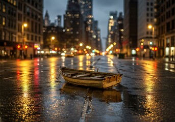 Obraz premium A small wooden boat in sour water, during bad weather, on the streets of New York, tilt-shift photography, At night