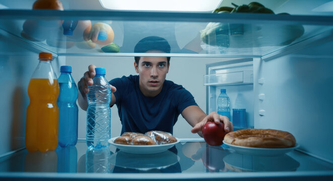 A man at night looks in the fridge tempted by unhealthy food but choosing a healthy apple instead a concept for diet discipline weight loss and making good food choices