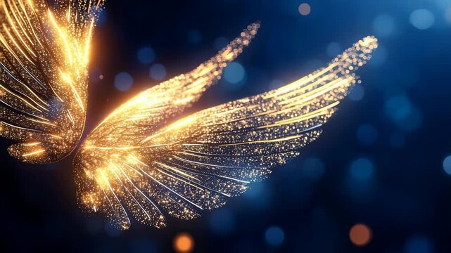 A majestic pair of ethereal golden wings are formed from shimmering particles, representing divine hope, freedom, and victory.