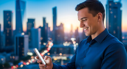 Man using smartphone cityscape sunset