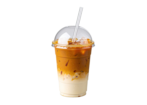 iced caramel latte in a plastic cup with a dome lid and a straw