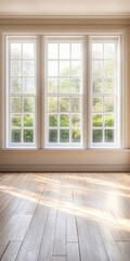 Obraz premium Natural light fills a spacious room with hardwood floors and elegant windows overlooking a lush garden landscape
