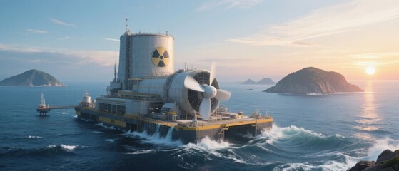 Naklejka premium Floating Nuclear Power Plant at Sea with Propeller and Islands in Background