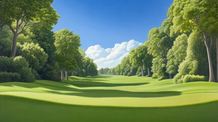 Fototapeta premium A serene and lush golf course landscape with vibrant green grass and trees under a clear blue sky.