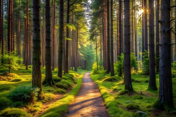 Fototapeta premium Sunlit Path Through Lush Green Forest, Serene Morning Atmosphere