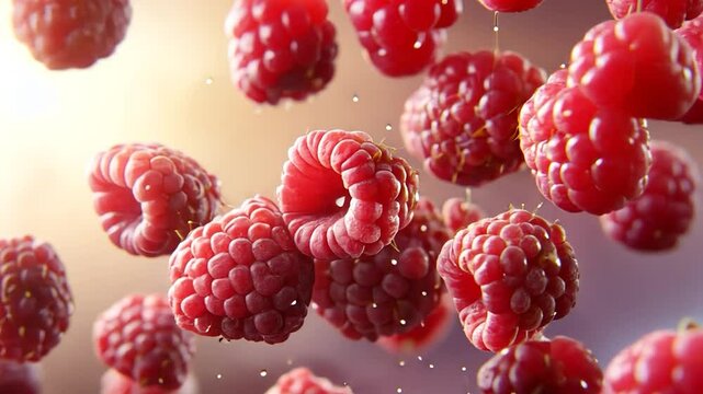 Falling raspberries closeup view of vibrant red berries food and drink visuals clean studio shot