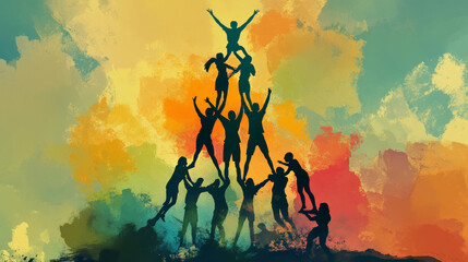 Illustration of a team forming a human pyramid, symbolizing support, teamwork, unity, and strong organizational structure in a collaborative and balanced effort.