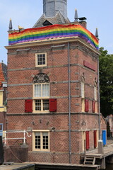 Alkmaar Accijnstoren Building with Rainbow Banner Decoration, Netherlands