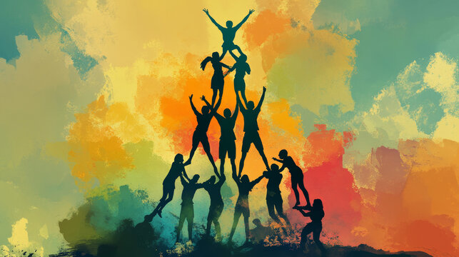 Illustration of a team forming a human pyramid, symbolizing support, teamwork, unity, and strong organizational structure in a collaborative and balanced effort.