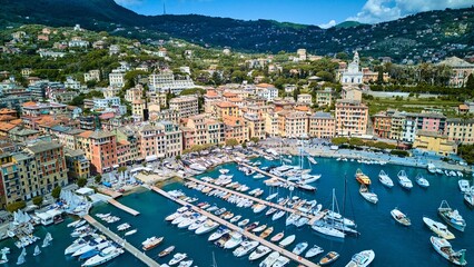 Port of Santa Margherita Ligure: Yachts, Boats, and Italian Riviera Architecture. Italy, drone view