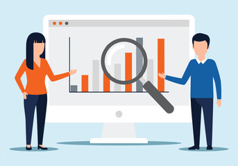 Business Analytics and Data Insights: Team Analyzing Charts and Metrics with a Magnifying Glass on Computer Screen