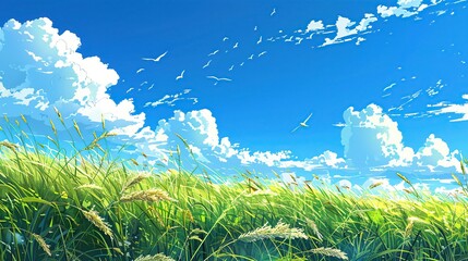 Large white clouds with sunrays and birds crossing the sky