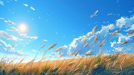 Glorious sunshine in sky with birds flying in bright daylight
