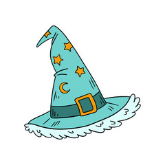 Magical wizard witch hat. Halloween festival celebration masquerade icon element collection in light green color. Outline art decoration