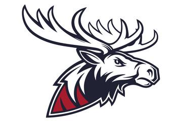 Powerful navy moose head displays large antlers with red accents on white background