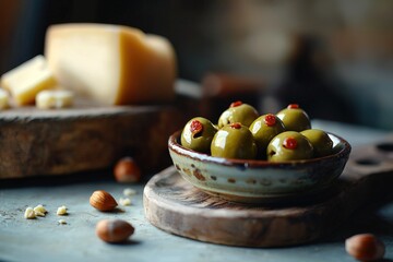 Close-up of green olives stuffed with pimento, arranged on ceramic dish with rustic wooden board featuring assorted cheese and nuts in background
