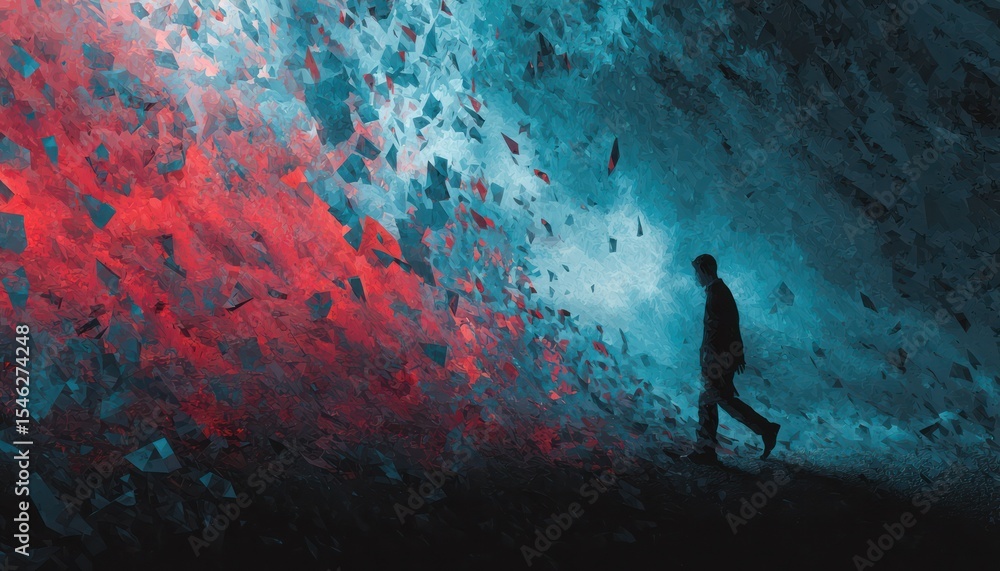 Poster a solitary journey through a dynamic landscape of color and shattered forms