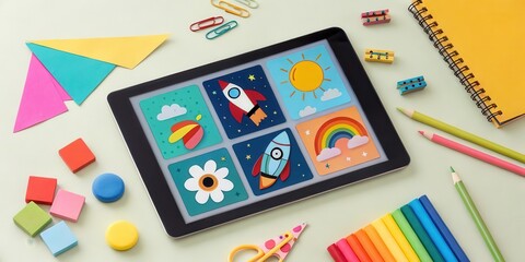 The Future of E-learning Platforms Concept. Colorful tablet showcasing creative drawings with art supplies and stationery.