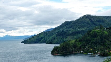 Panoramic view of Lake Toba, Indonesia with a beautiful natural treat. the largest volcanic lake in...
