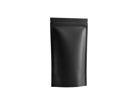 Premium black stand-up pouch with silver trim and resealable spout, isolated on transparent background—perfect for snack, coffee, or product branding mockups in digital design.