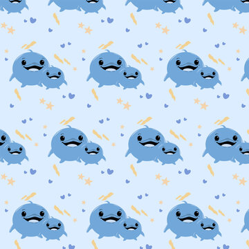 Pattern with corton litle and big whole, vector seamless pattern with cute kawaii cartoon monsters