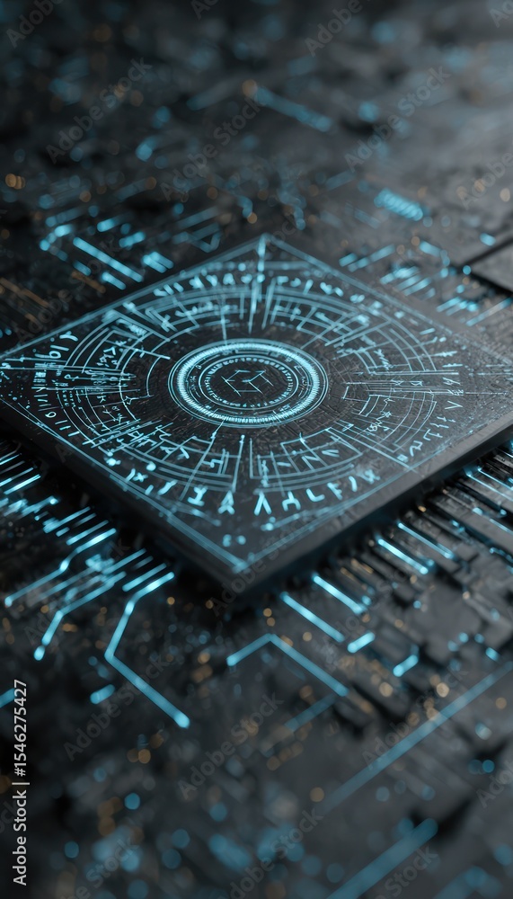 Poster futuristic technology abstract design showcasing a complex circuit board design element