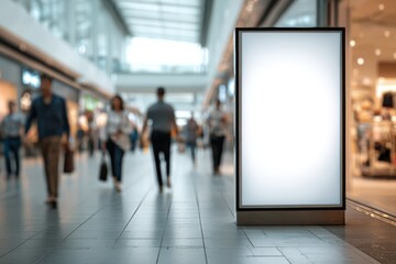 Blank billboard in shopping mall interior with pedestrians, retail space and advertising display for commerce.