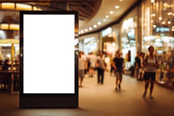 Blank advertising display in bustling mall with shoppers passing by. Vibrant retail environment showcasing modern urban consumer lifestyle.