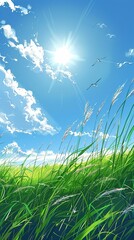 Dreamlike sky with clouds, flying birds and glowing sunshine