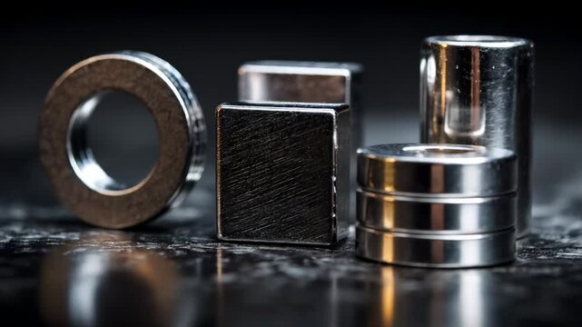 Assorted neodymium magnets in various shapes and sizes for industrial and educational applications