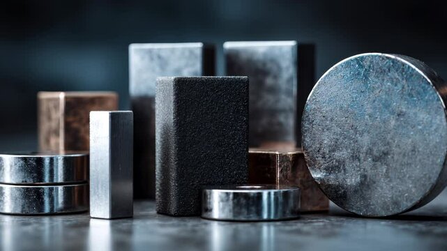 Variety of magnets in different shapes and materials on reflective surface