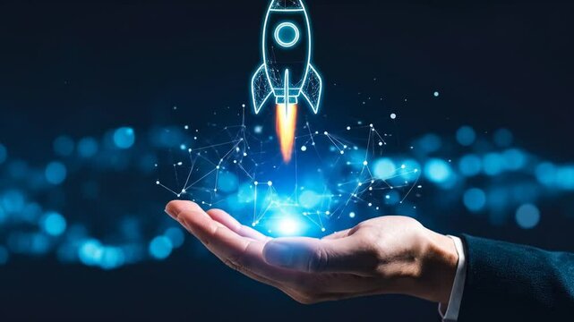 Holding innovation: A business hand presents digital startup rocket launching concept - Powered by Adobe