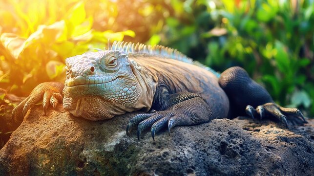 Iguana resting on rock in natural habitat sunny day