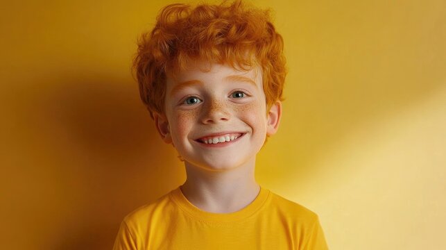 funny boy ginger smile yellow t shirt background -
