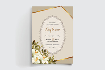 WEDDING INVITATION FRAME WITH FLOWER DECORATIONS AND FRESH LEAVES