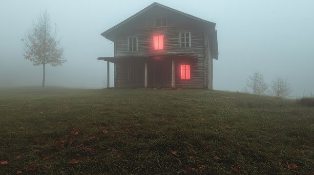 A lonely, old wooden house with glowing red windows sits on a foggy, grassy hill, creating an eerie and mysterious atmosphere.