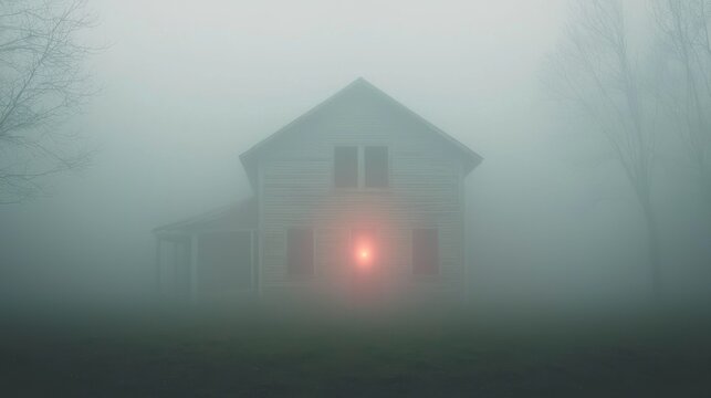 A lonely house stands in heavy fog with a mysterious red light glowing from its front, surrounded by bare trees and an eerie atmosphere.