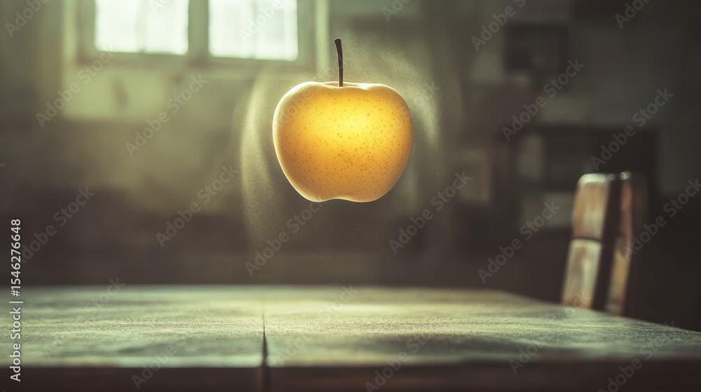 Poster floating yellow apple in a dimly lit room with a rustic table setting