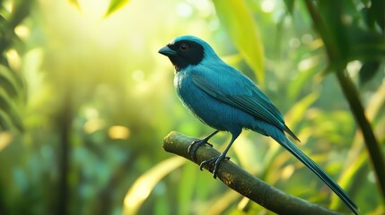 Full body of a Swallow Tanager (Tersina viridis), perched gracefully on a slender tropical branch, 