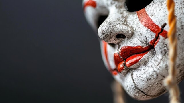 Close-up of a cracked, painted mask with red and black details against a dark background.