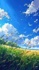 Beautiful day with birds flying under soft clouds and sunshine