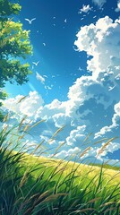 Vibrant cloud formation with birds under blue sky and sunlight