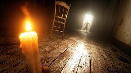 A hand holds a candle in a dark room with a wooden chair, while a shadowy figure stands in a brightly lit doorway.