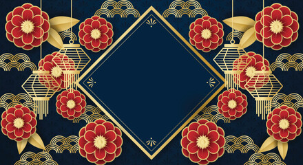 Chinese festival banner of golden frame for your copy space on dark blue pattern background with red flowers and lanterns. Design for Chinese New Year, Lunar new year, Mid-autumn festival.